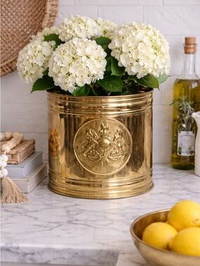 Vintage Brass Cachepot Planter / Wine Cooler – Made in England Lion Crest Motif